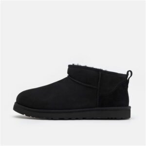UGG Women's Classic Ultra Mini Black 1116109-BLK Leather Boots with Sheepskin Lining